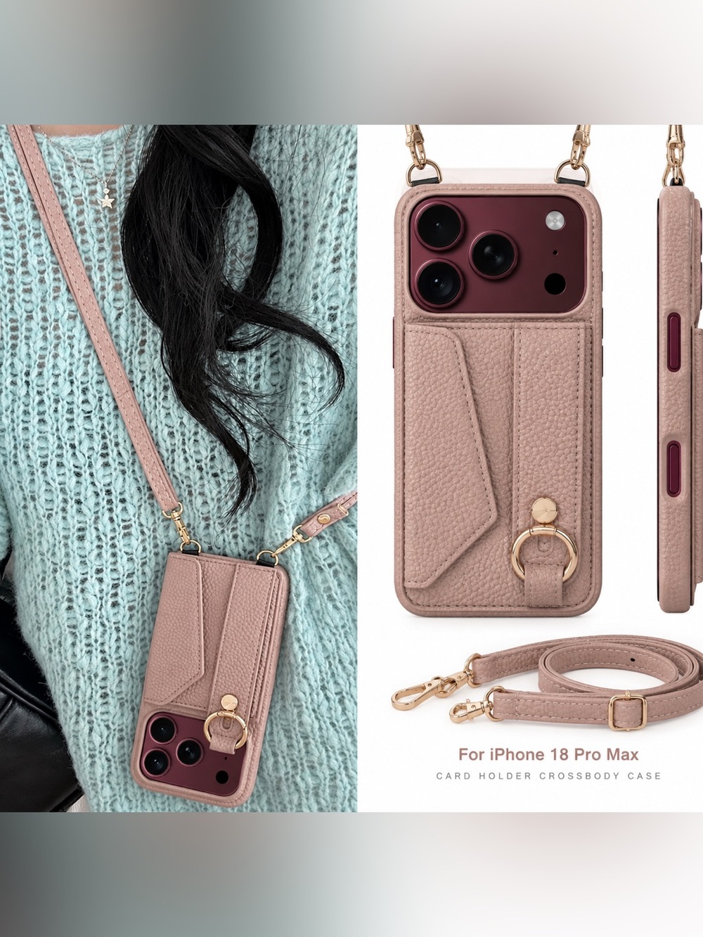 Pink Leather Card Wallet Crossbody Phone Case for iPhone 18 pro max